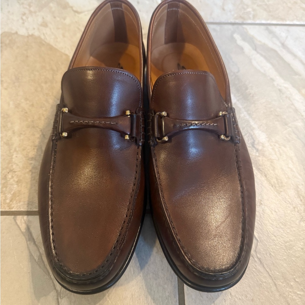 Santoni Brown Leather Loafers with Decorative Strap